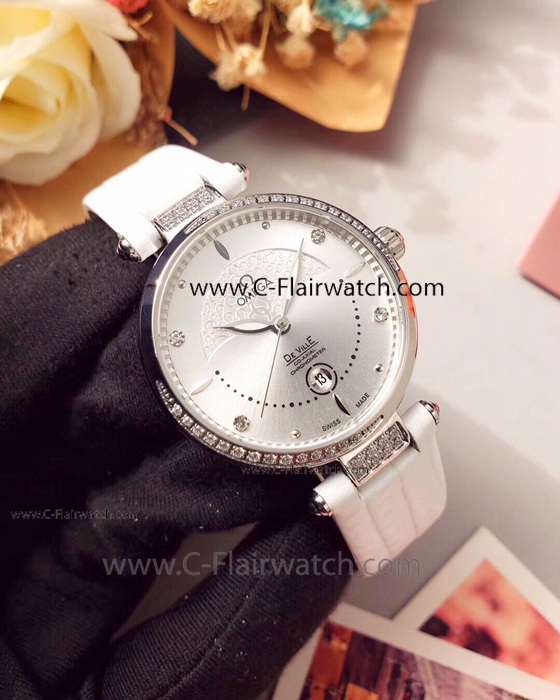Womens Omega De Ville Fake Watch Silver Dial Leather Strap